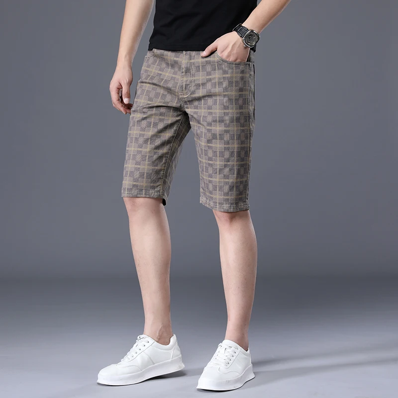 OUSSYU Brand Summer Thin Plaid Shorts Men Knee Length Pants Straight Beach Short 98%Cotton Blue Plaid Patchwork Pant Male