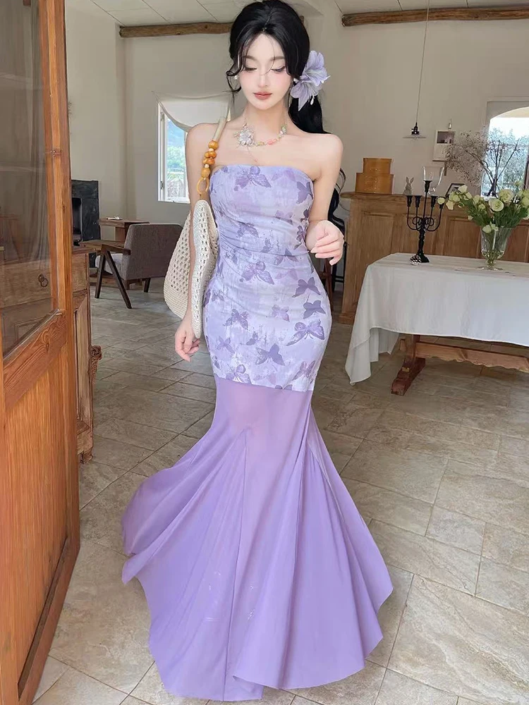 Women Mesh Patchwork Print Chest Wrapping Sexy Long Dress Summer Elegant Casual Dress 2026 Korean Fashion Luxury Party Vestidos