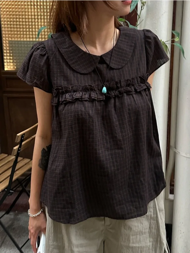 Sweet Retro Lace Trimmed Doll Collar Short Sleeve Loose Slimming Plaid Shirt Women's Spring Summer Casual Fashion Top