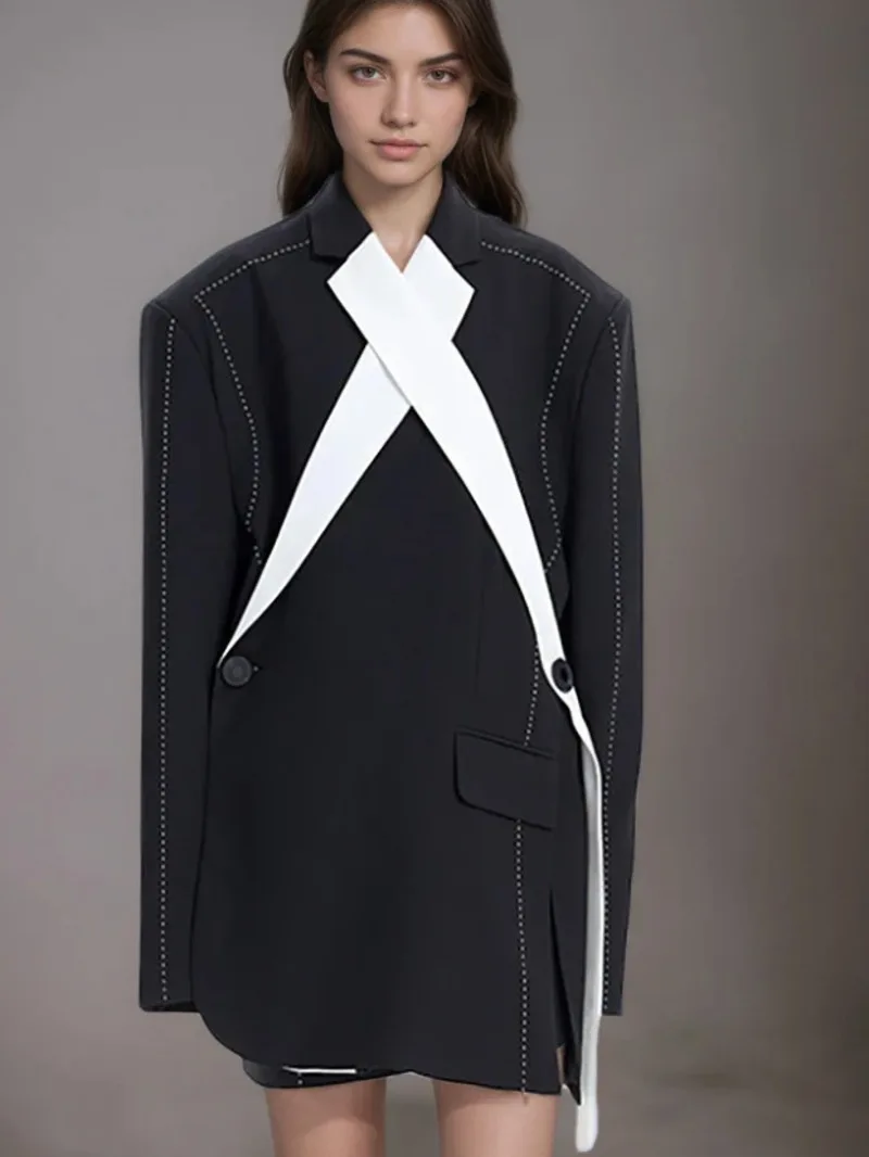 Fashion Contrast Color Patchwork Cross Open Line Blazer Women's Lapel Long Sleeves Suit Jacket Spring Autum UEYO