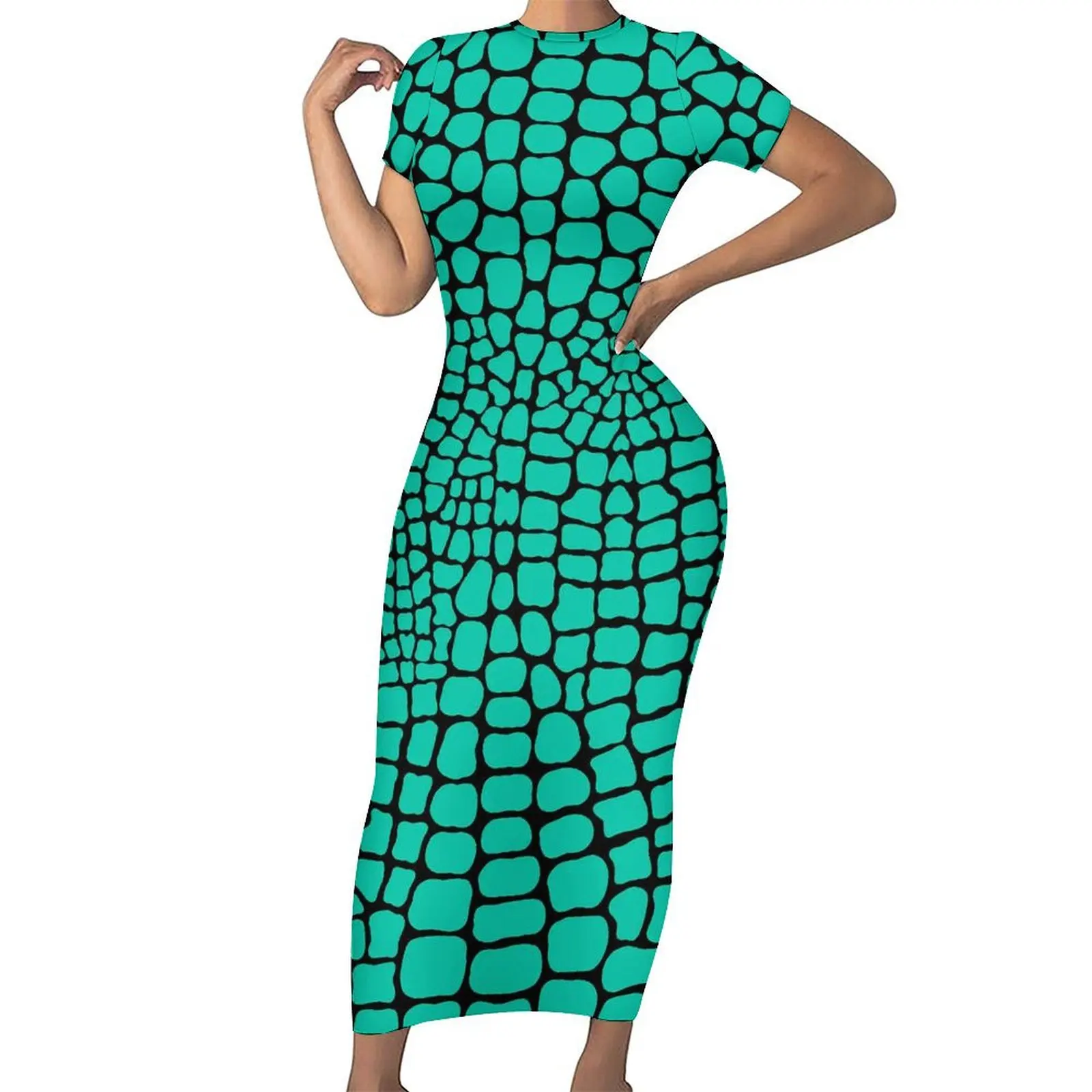 

Snakeskin Bodycon Dress Womens Green Skin Print Cute Maxi Dresses Summer Short Sleeve Street Style Graphic Oversize Dress