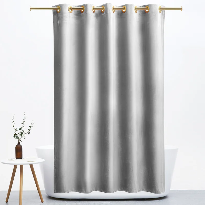 Nordic Velvet Waterproof Fabric Shower Curtain Solid Color Gothic Decor Free Perforated Warm Shower Hanging Curtains Grommet Top