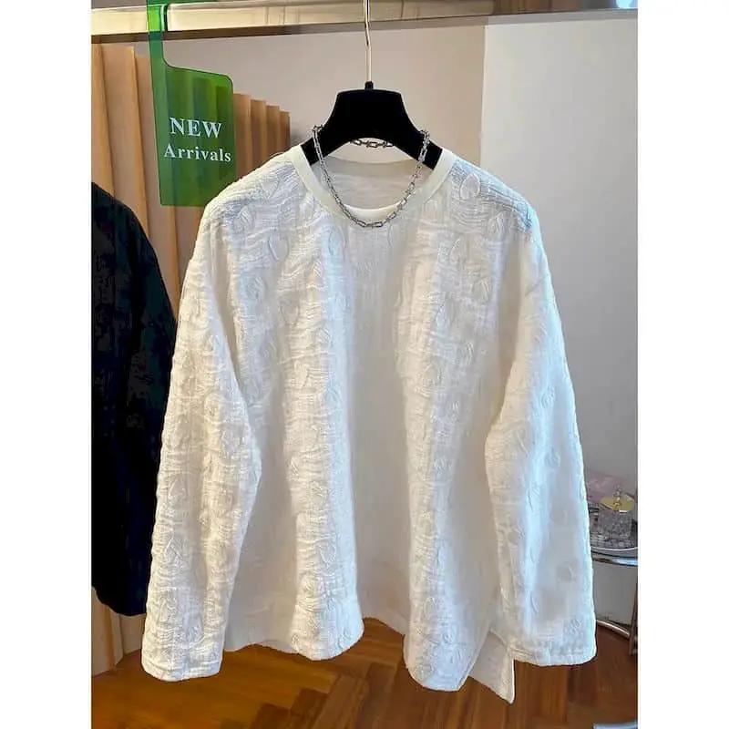 

O-neck T-shirts Aesthetic Oversized Pleated Design Elegant Tops Vintage Casual American Style Long Sleeve Autumn Women Clothing