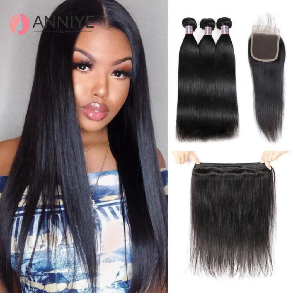 

Straight Human Hair Bundles With Closures 100% Human Hair 3 Bundles With 4x4 Lace Closure Brazilian Hair Bundles Top Quality 12A