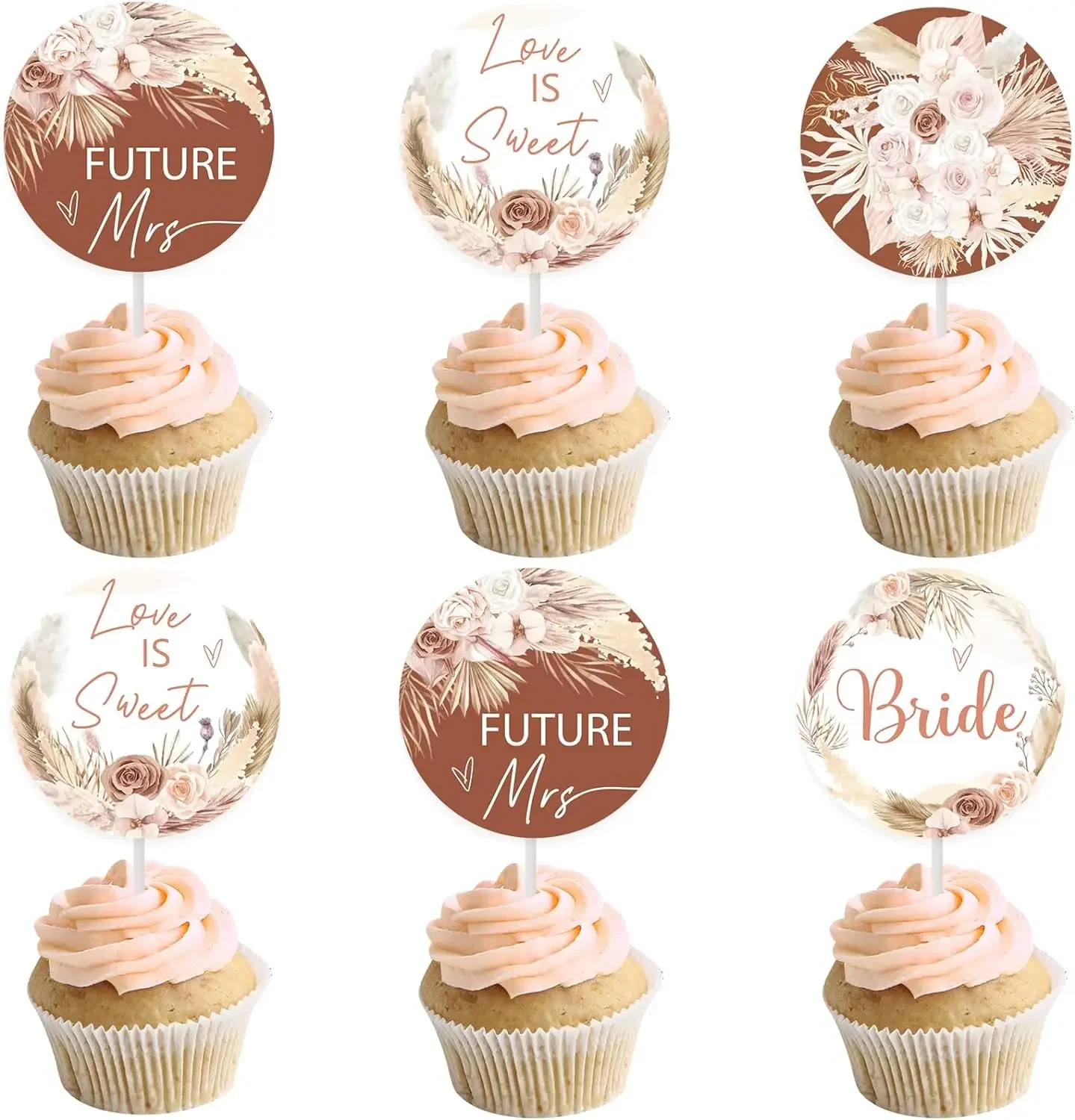 

Boho Bridal Shower Cupcake Toppers, Pampas Grass, Love Is Sweet Future, Mrs Flowers, Cupcake Picks for Wedding Engagement Party