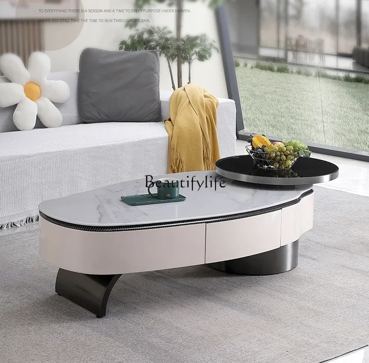 Italian Light Luxury Microlite Creative Coffee Table Shaped round Glass Rotatable Tea Table