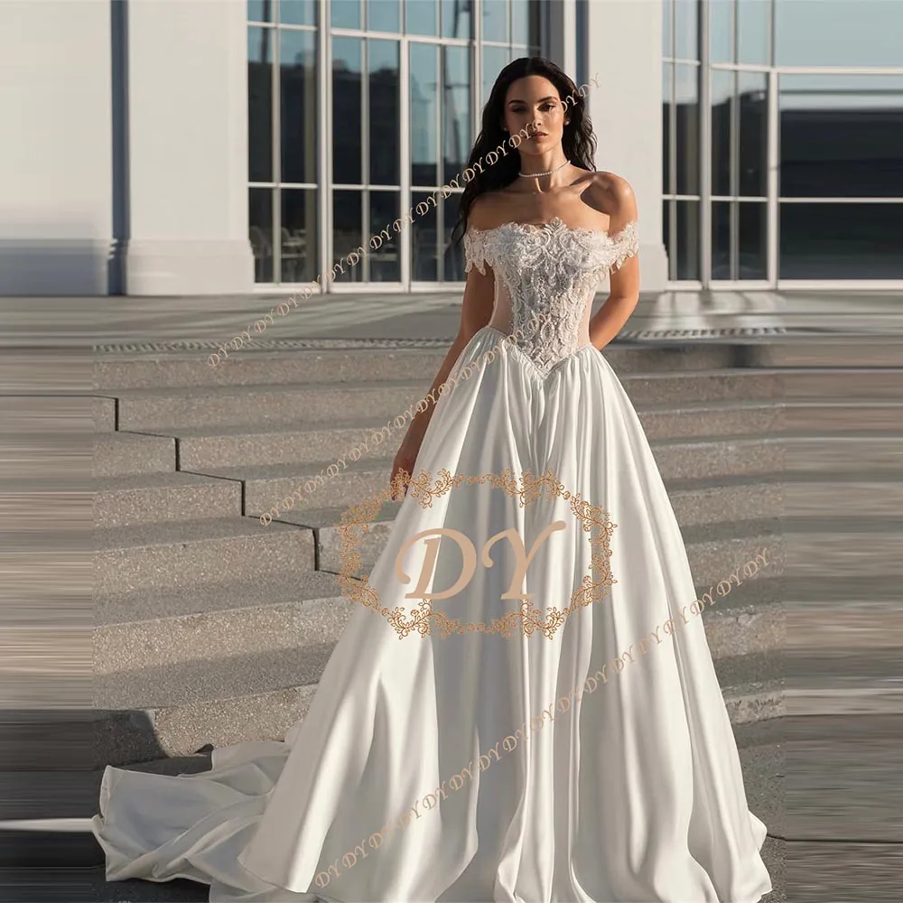 DY Fashion A-line Wedding Dress Off the Shoulder Pleat Lace Appliques Pearls Strapless Zipper Robe De Mariee Customized