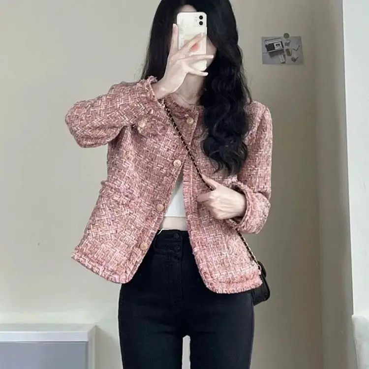 

Pink Tweed Large Size Jacket Autumn /winter Small Fragrance Women's Coat Classic Tweed Large Size Cardigan Thick Jacket C33