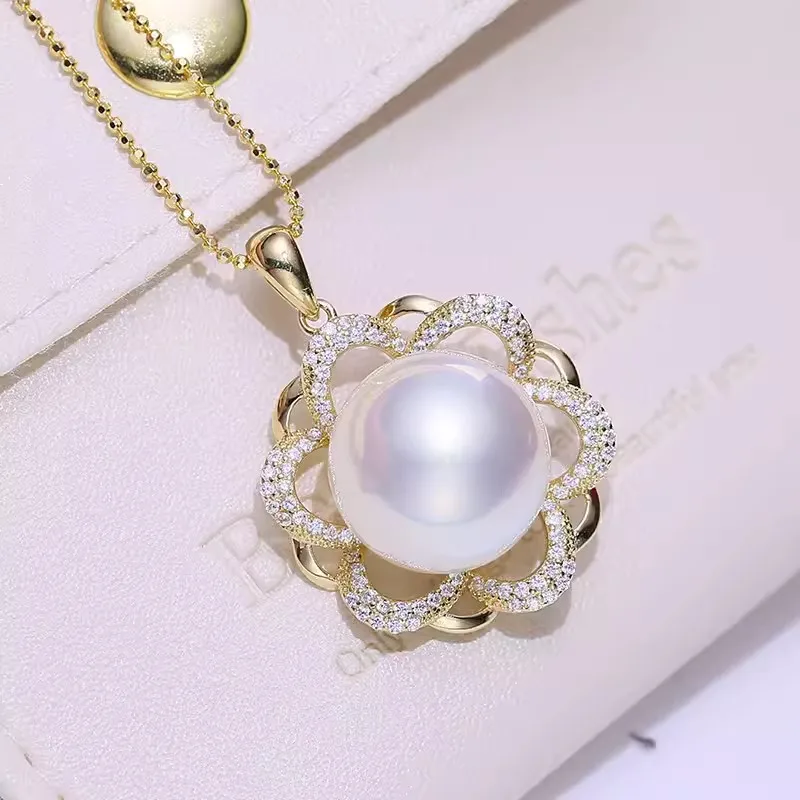 MeiBaPJ 11-12mm Natural Semiround Pearl Fashion Flower Pendant Necklace 925 Sterling Silver Fine Wedding Jewelry for Women