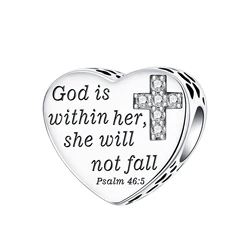 925 sterling silver God in her heart cross pendant charm fit original  bracelet charm beads necklace Diy female jewelry