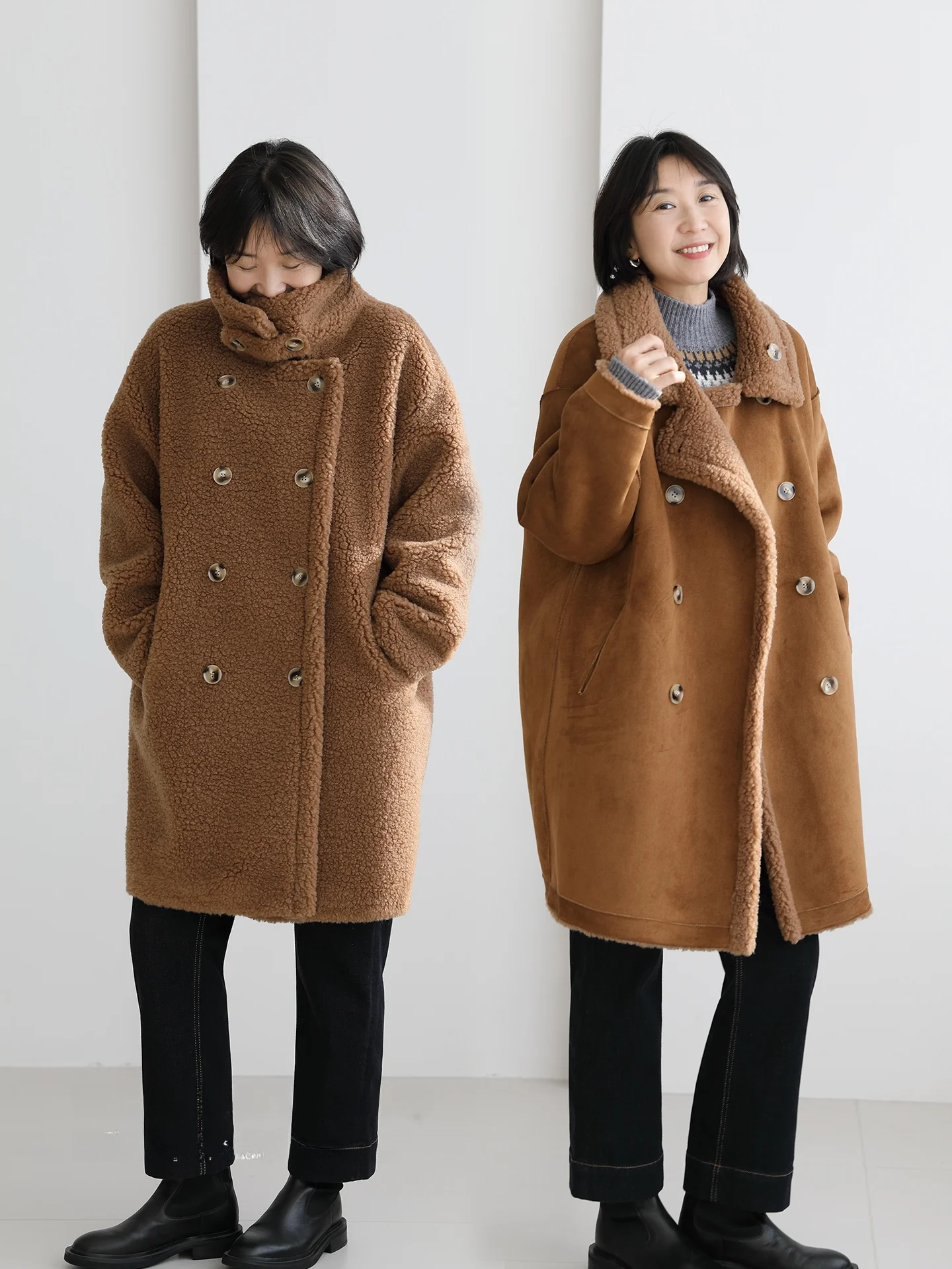 

Утепленное двустороннее пальто из чистой шерсти с воротником-стойкой, теплое, с мягким мехом ягненка, модель Three-Inch Time 4870