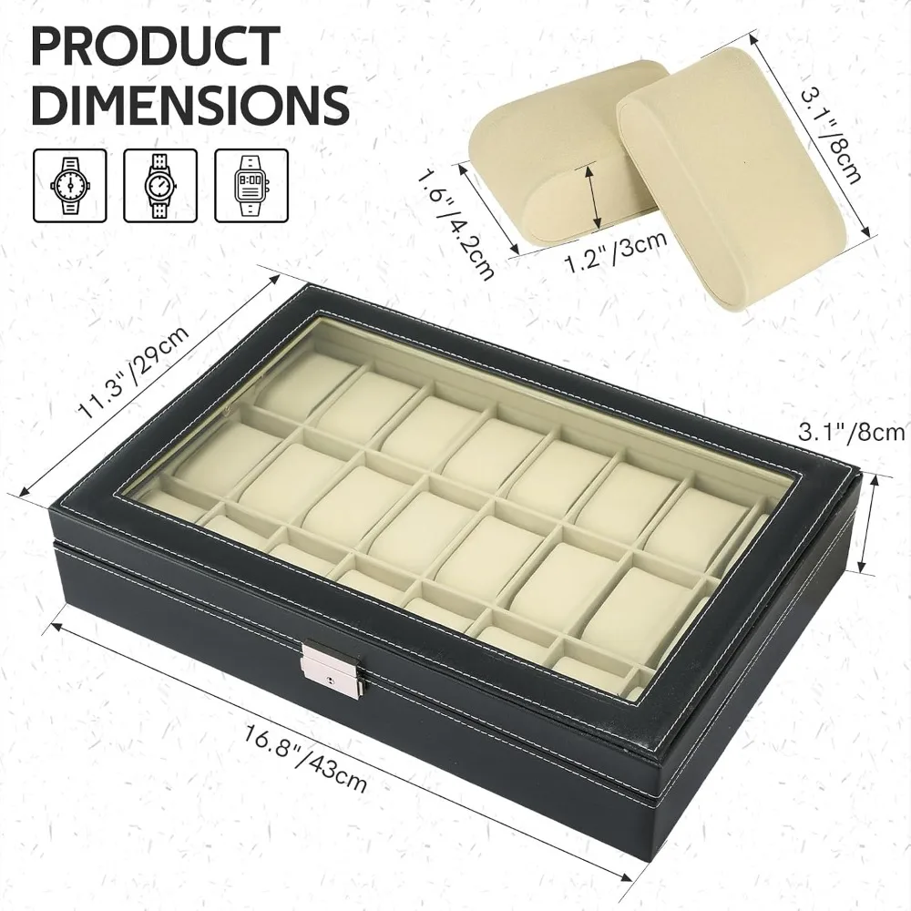 24 Slot PU Leather Watch Box Case with Glass Lid and Lock, Portable Jewelry Organizer for Travel