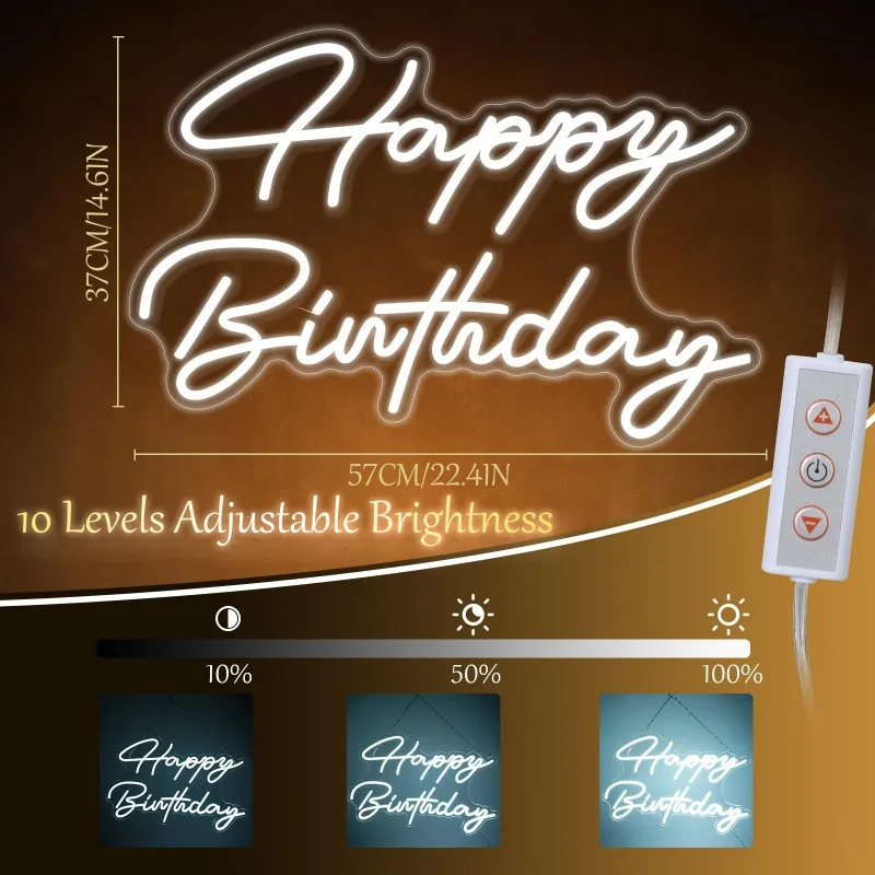 23'' x 15'' Happy Birthday LED Neon Light Signs with Dimmable Switch 5v Power Cold Happy Birthday Party Room Wall Art Backdrop