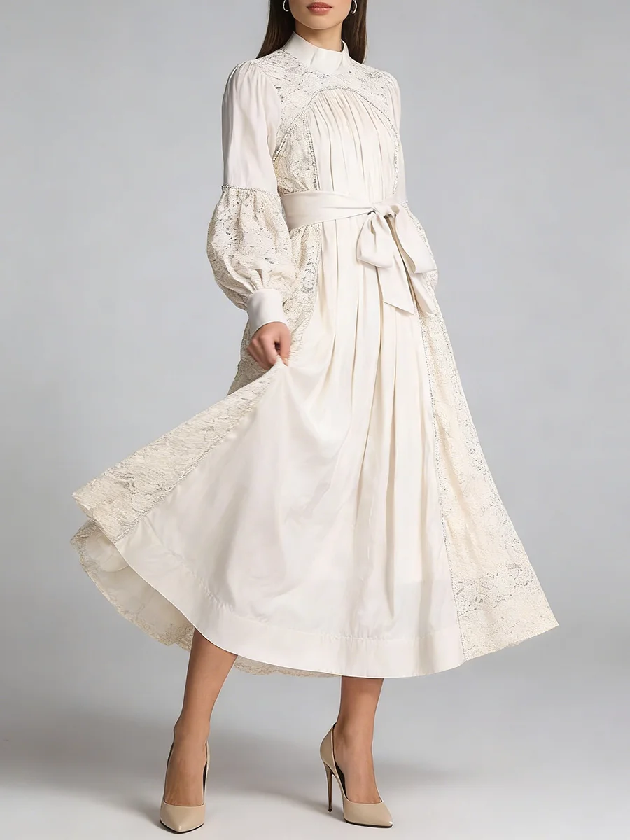TWOTWINSTYLE Solid Patchwork Lace Dresses for Women O Neck Lantern Sleeve High Waist Lace Up A Line Dress Female Fashion Clothes