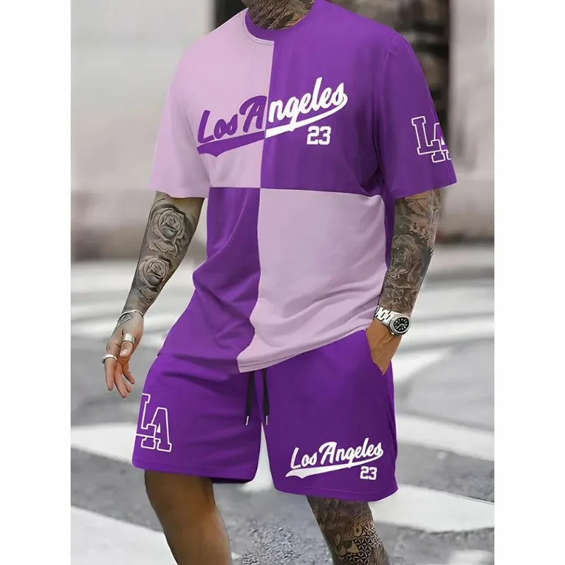 2025 Men's 3D Printed Short Sleeved Shorts Set, Fashionable Daily Casual Trend Round Neck Polyester Fiber Two-piece Set