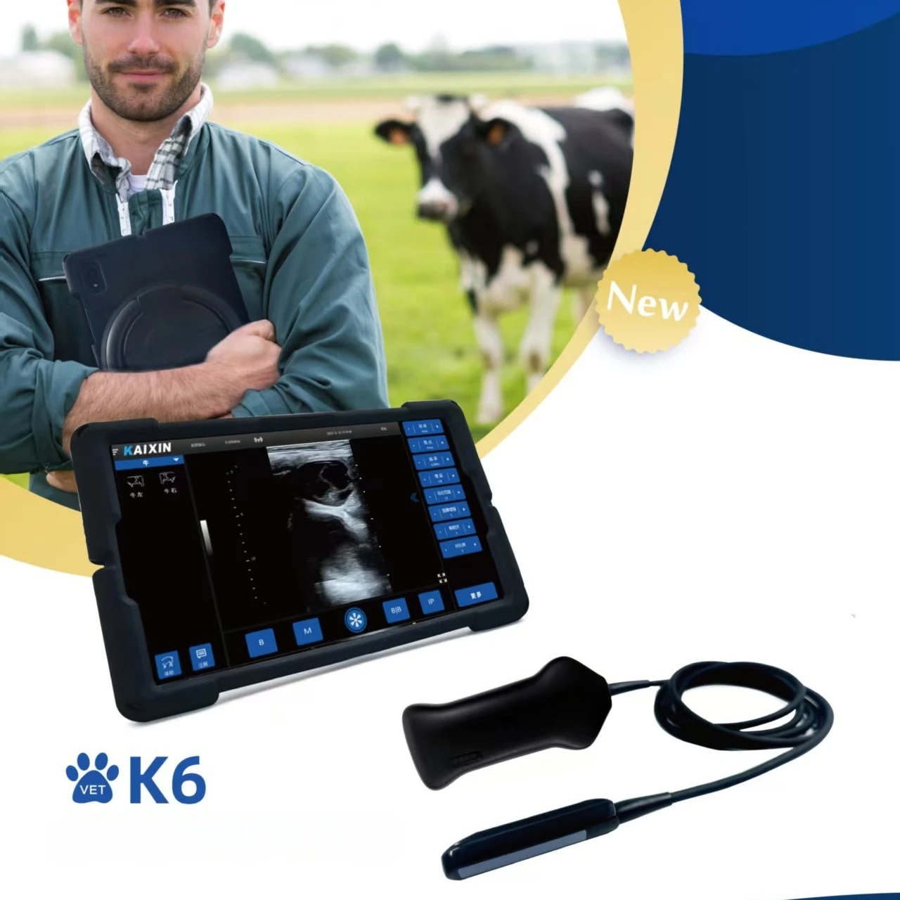 Novo Aparelho de Ultrassom Veterinário Kaixin K6 5G Wi-Fi Android com Sonda Linear Transrectal para Diagnóstico de Gestação