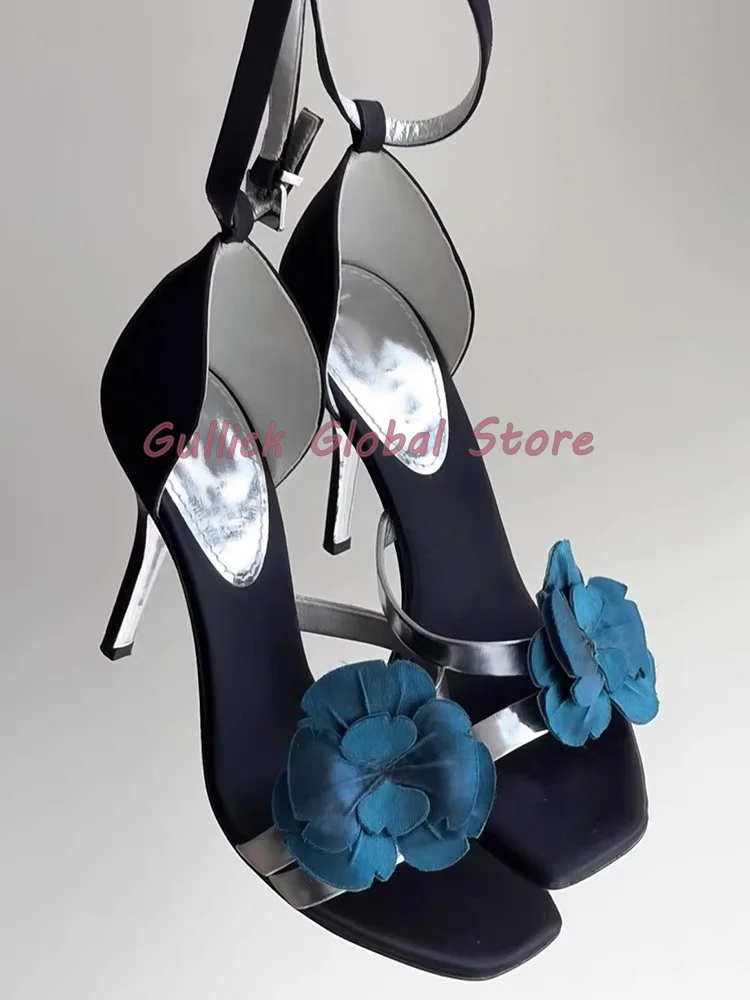 2024 New Genuine Leather Round Toe Flower Decoration Cover Heel Ankle Buckle Sandals Summer Dress Comfortable Breathable Shoes