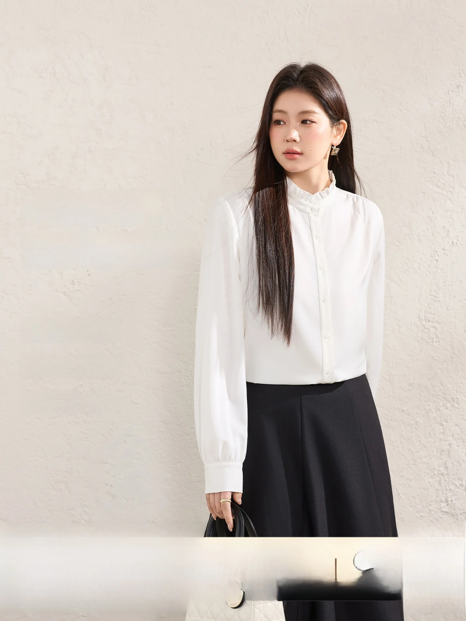 

Ele White irt Stand Collar Polka Dot Design Long Sve Commute Appropriate Large Size Women's Faion Spring New Arrival