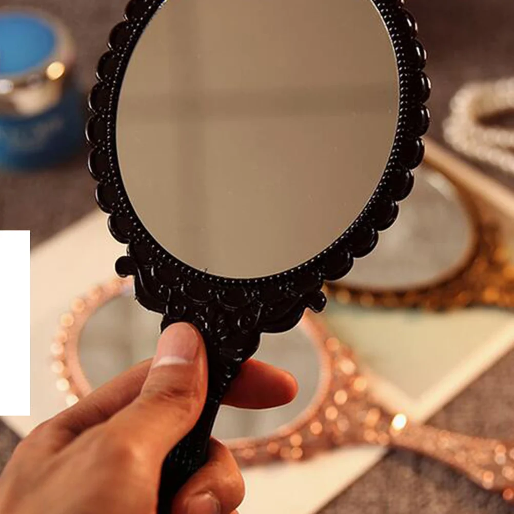 

2Pcs Handhold Vintage Makeup Mirror Oval Lightweight Travel Mirror Retro Embossed Floral Design Black Bronze