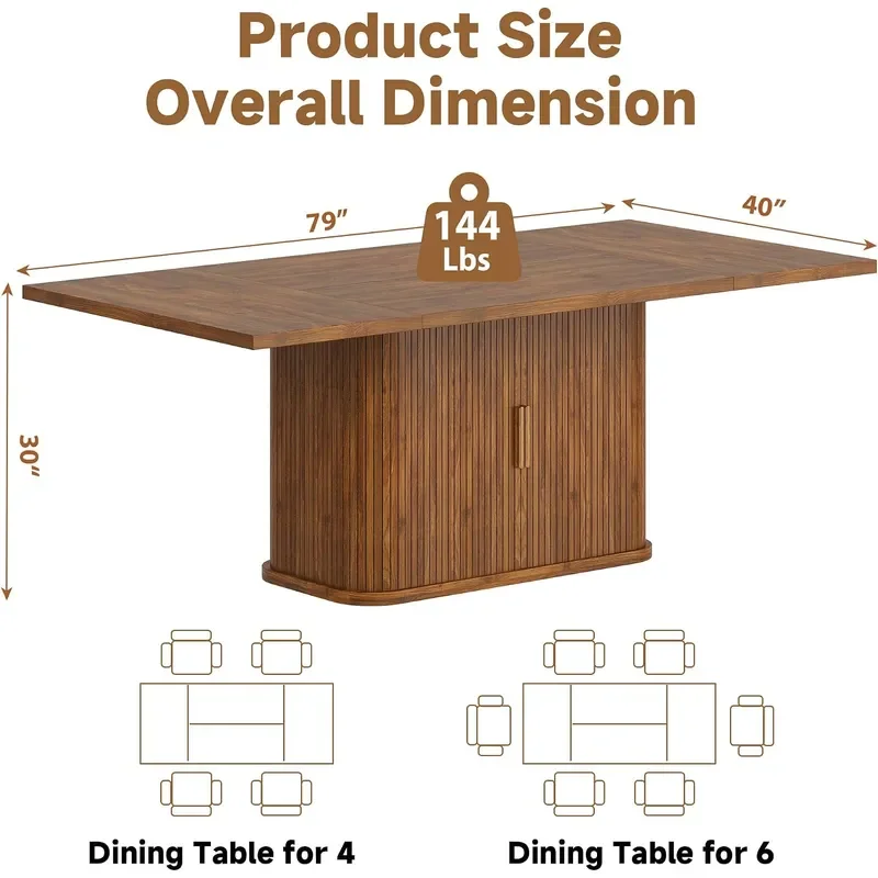 78.7 Rectangular Dining Table for 6-10 Farmhouse Kitchen Furniture with Storage Base Sliding Tambour Doors Walnut