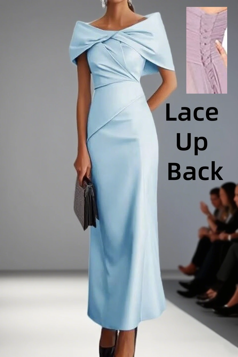 فساتين أم العروس بدون أكتاف مع فستان رسمي بحورية البحر بطيات من الساتان مع فيونكة