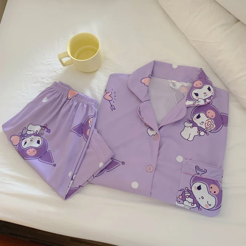 Pijama de seda gelo de duas peças, shorts de manga curta, desenhos animados do sudeste asiático, roupa doméstica solta verão