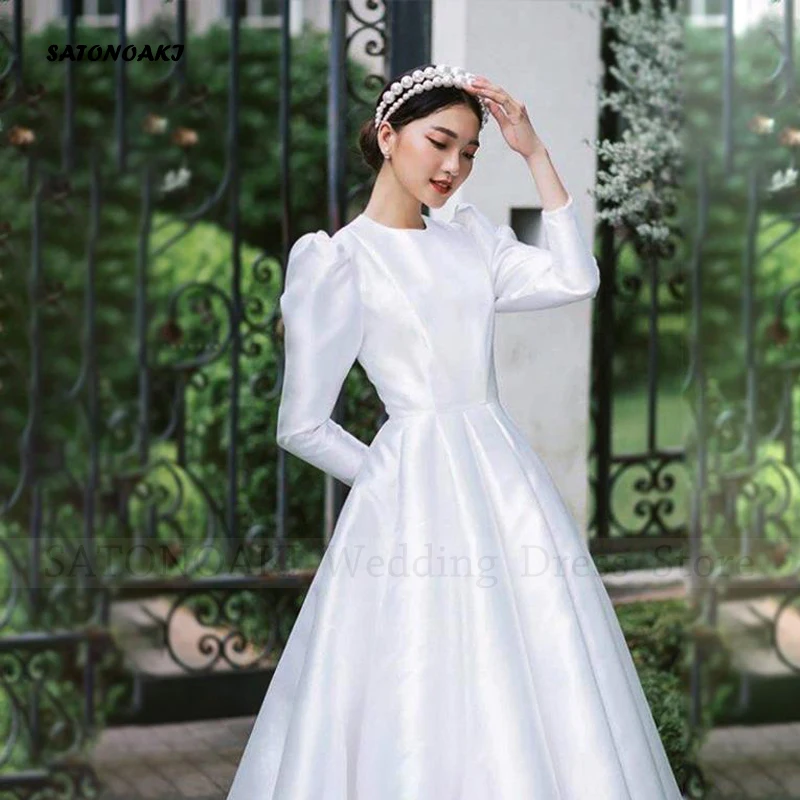 Vestidos De Novia Elegant Satin Wedding Dress 2024 for Women Puff Sleeve O-Neck Princesa Bridal Gown Floor Length Robe Mariée