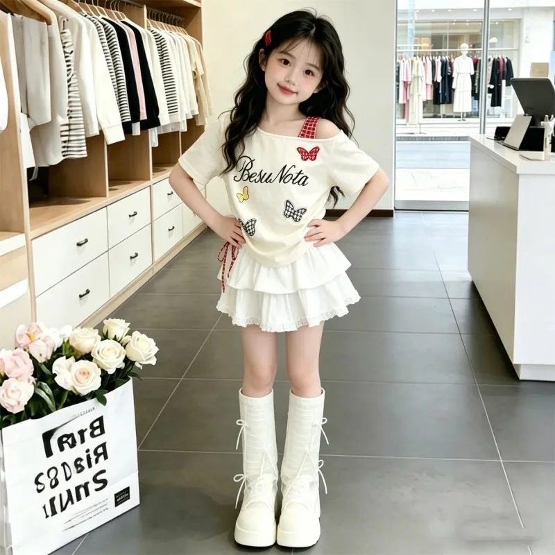 UNITIM Summer Junior Girls Two Piece Set Young Teens Girls Pattern Printed Off-shoulder Top Suit Solid White Cake Skirts Outfits