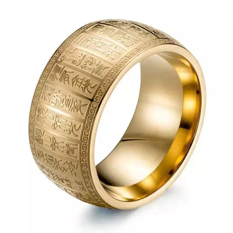 1 Pc Vintage Engrave Totem Geometry Simple Titanium Stainless Steel Gold Color Wide Ring Men Daily Party Size 6-8 Closed Rings