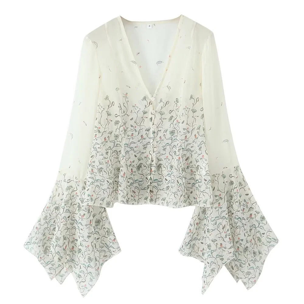 

Женская новая рубашка Zach Ailsa в европейском и американском стиле с многослойным декором и v-образным вырезом, длинными рукавами и цветочным принтом