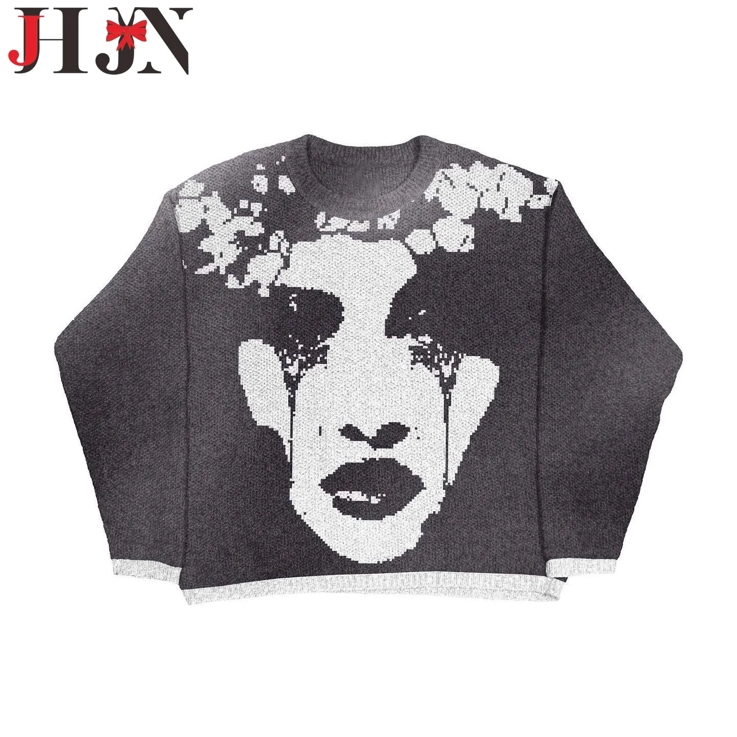 JHJN Hip Hop Woman Knitted Sweatshirt Unisex O-Neck Sweater Harajuku Abstract Pattern Printing Loose Tops Streetwear Pullover