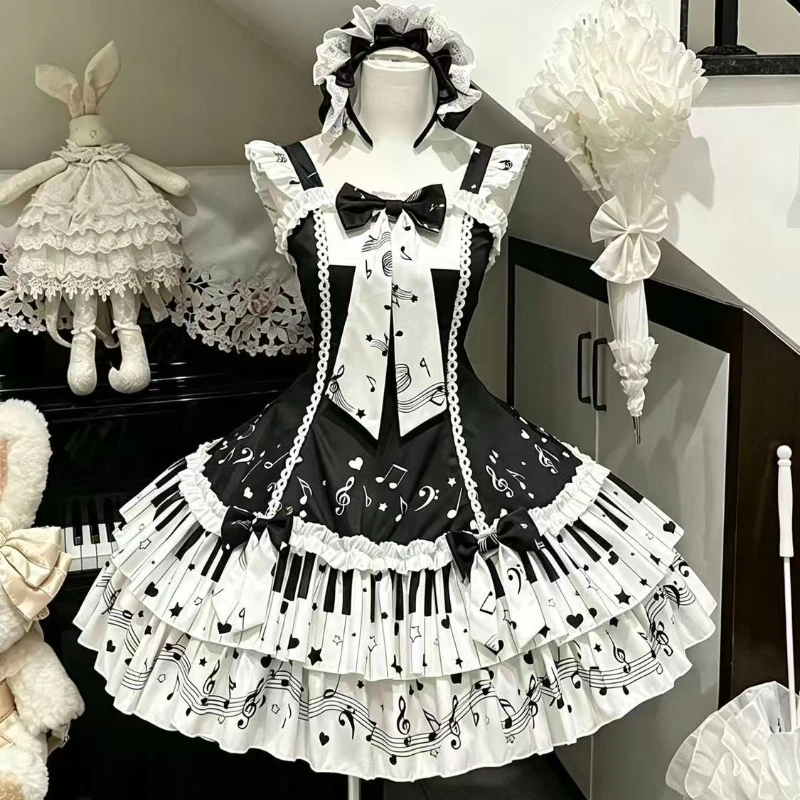 Japanisches Gothic Y2k Lolita JSK Kleid für Damen, Süßes Klaviertasten-Musiknoten-Print Schleifenkleid mit Schleppe, Harajuku Niedliches Party-Minikleid