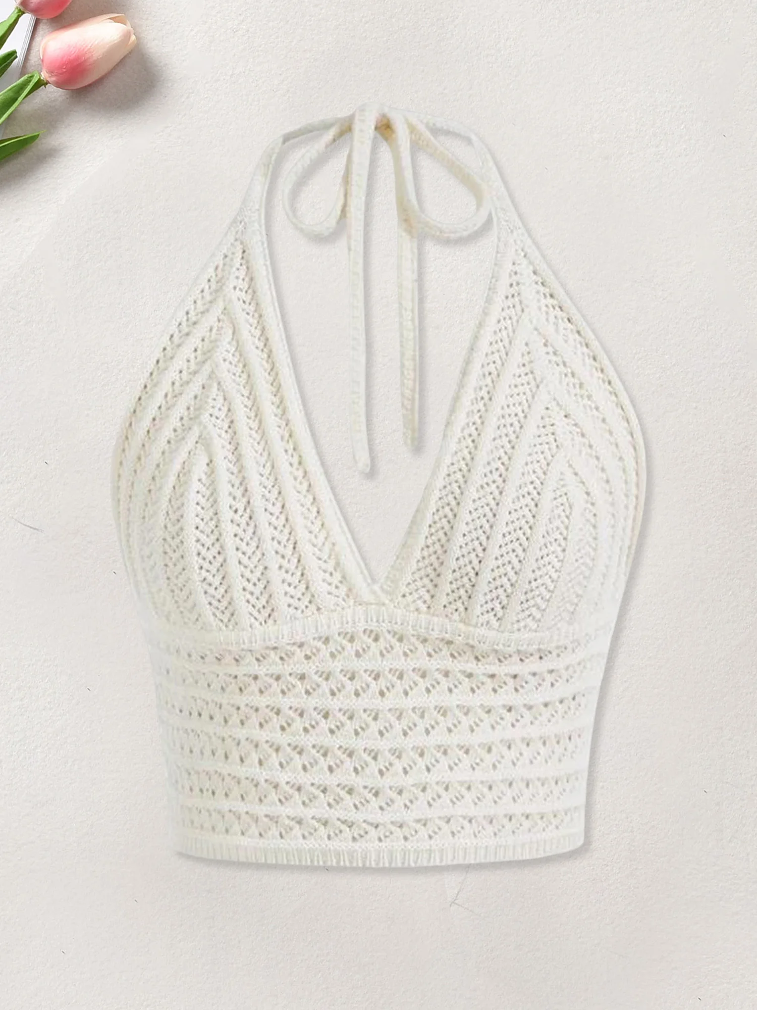 Ladies Sleeveless Knit Crop Top with Tie Halter Neck Solid Color Camisole Tank Summer Cami Shirt for Women