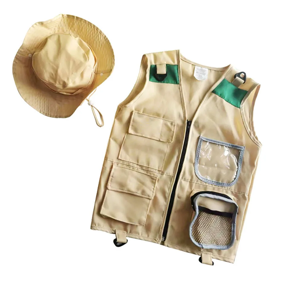 Kids Explorer Outfit Adventure Vest and Fisherman Hat Tool Sets for Outdoor Exploration Archaeology and Bug Catching Role Play