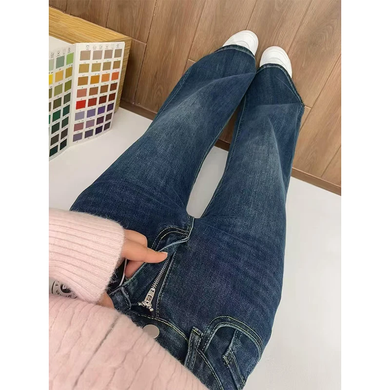 Jeans da donna taglie forti foderati in Fce blu vintage a vita alta a gamba larga pantaloni svasati comodi e larghi denim di cotone caldo invernale