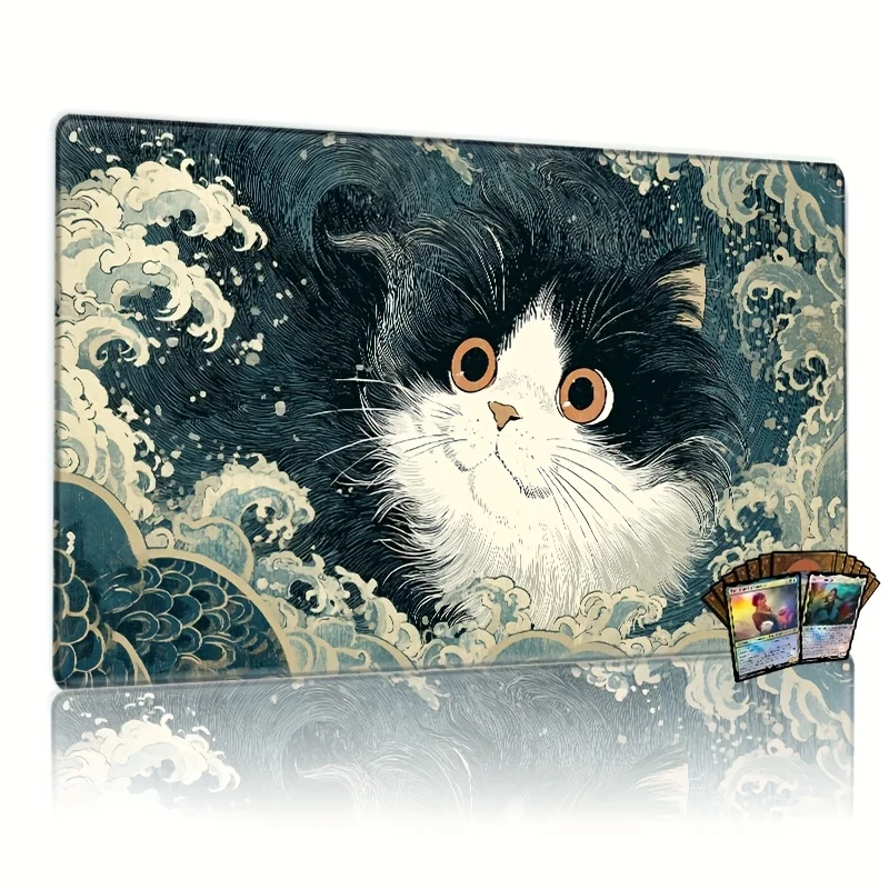 

Cute Cat with Blue Waves Magic Party Game Mat Durable Rubber for MTG&TCG Games 35X60cm Mouse Pad Office Desk Mat Friendly Design