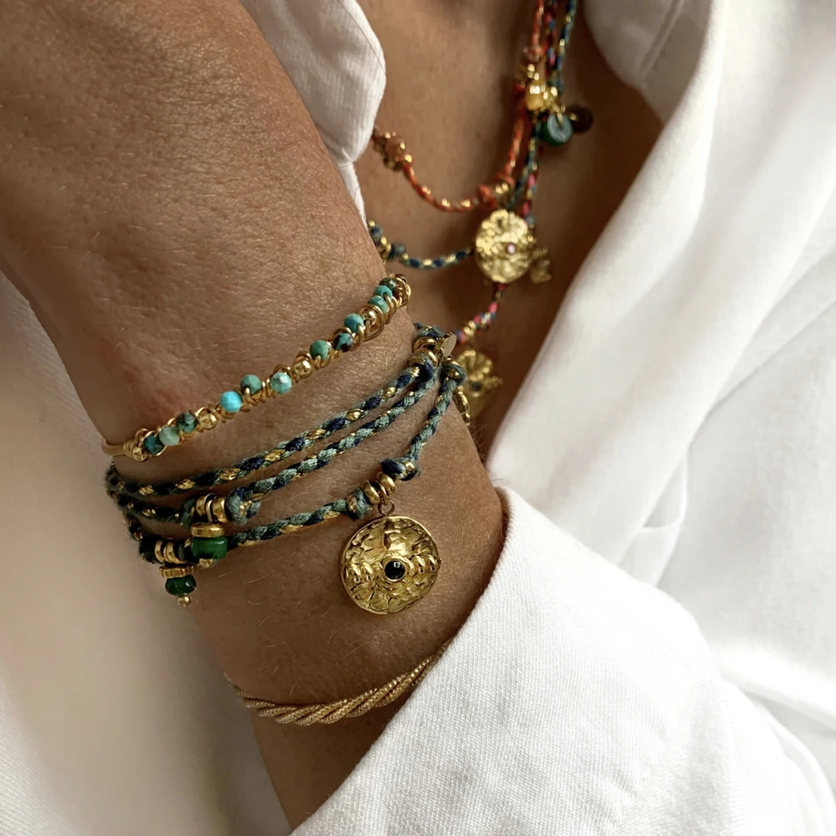 Vintage-Halsketten aus Edelstahl mit Anhängern für Damen, Boho-grüne, lila Seilketten, Armbänder, trendige Schmucksets