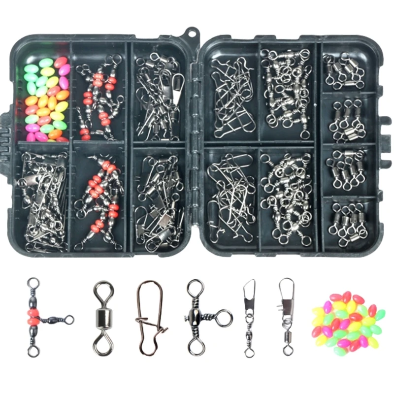 

140Pcs Fishing Swivels Bearing Swivels Slides Triple Swivels Fishing Line Connector with Fishing Beads Dropship