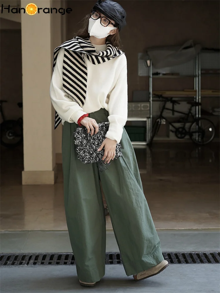 HanOrange 2025 الخريف عادية نصف مرونة الخصر بنطال ذو قصة أرجل واسعة النساء ثلاثية الأبعاد استقامة 100% سراويل قطنية أسود/مشمش/أخضر