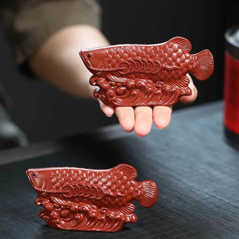

Yixing Zisha Tea Pet Golden Arowana Ornament Handmade Dahongpao Lucky Head Sculpture Tea Set Tea Ceremony Accessories Can Be