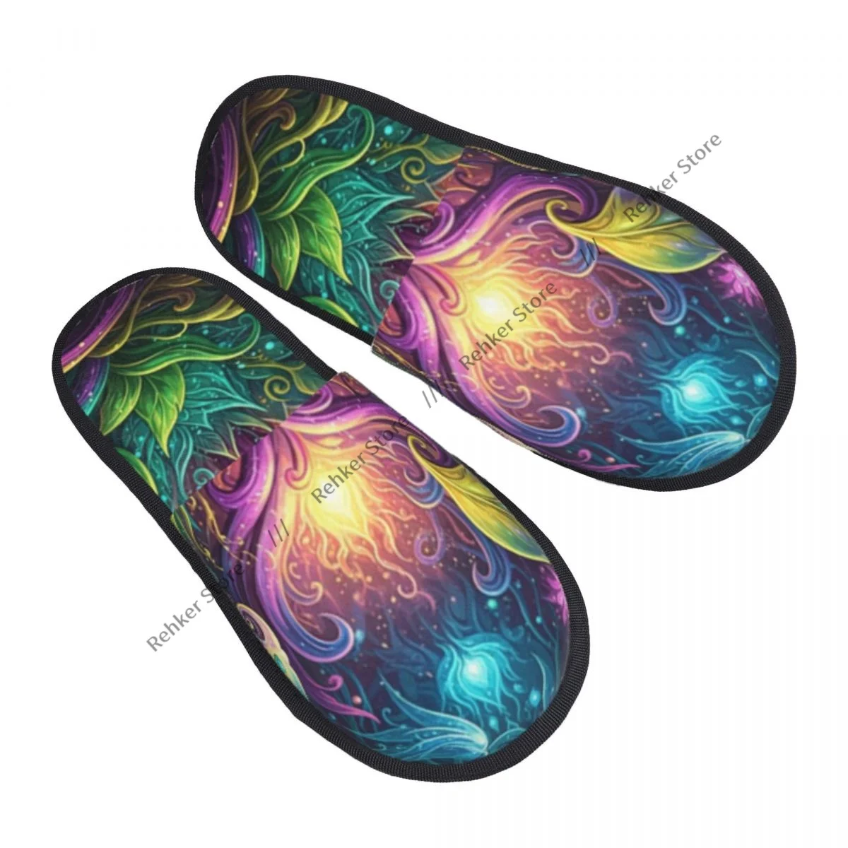 Winter Warm Women Men Plush Flat Indoor Slippers Colorful Fantasy Flowers Dragon Furry Home Non-slip Shoes