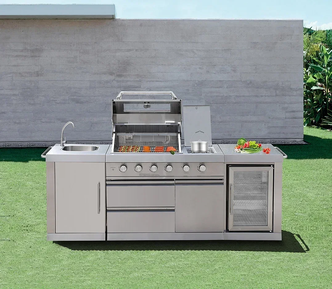 J611 Outdoor Kitchen Island All Stainless Steel Outdoor BBQ Waterproof with Outdoor Fridge 4 Burners BBQ