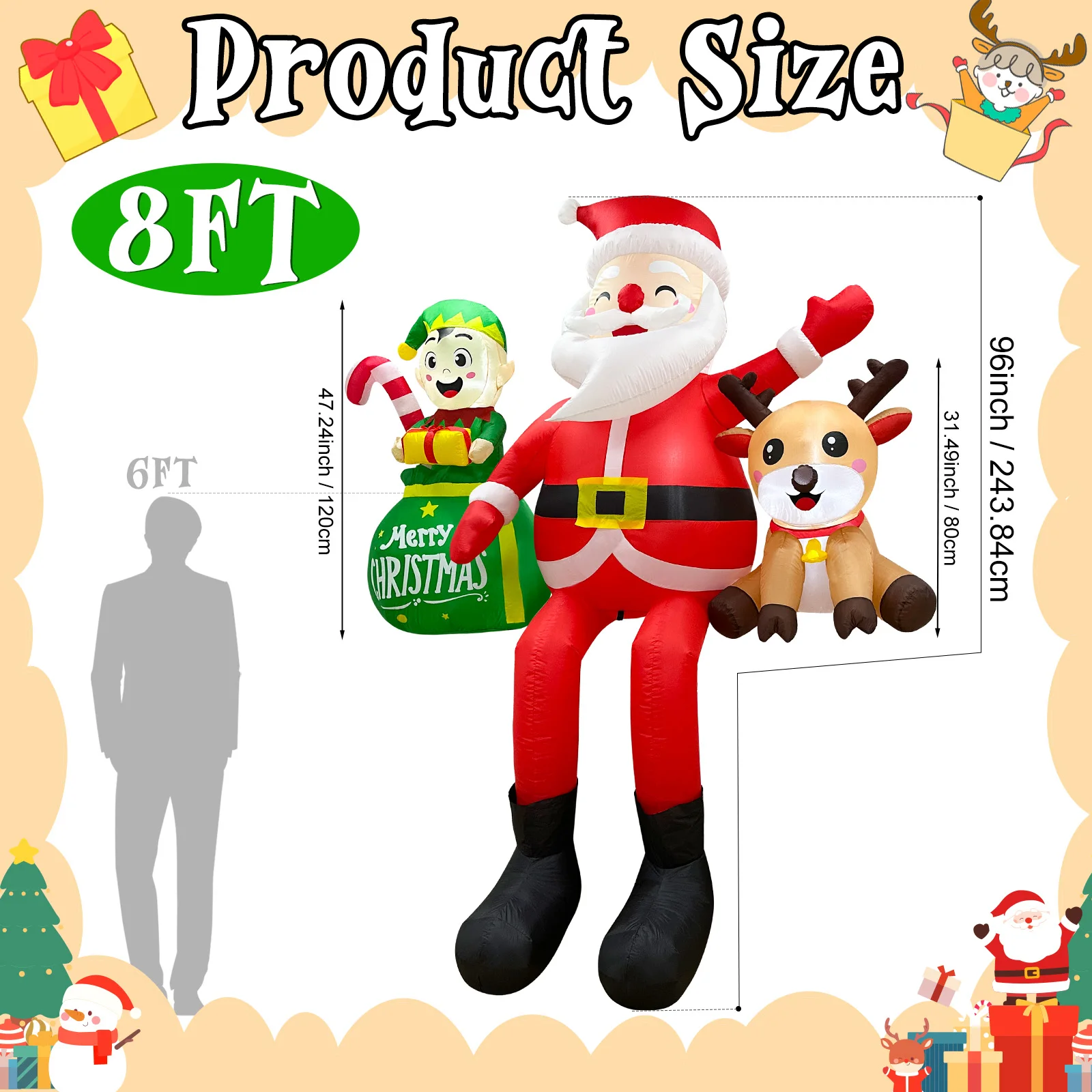 8FT Christmas Inflatables Outdoor Decorations, Climbing Santa Claus Inflatable Xmas Decor with Elf & Reindeer Yard Decorations