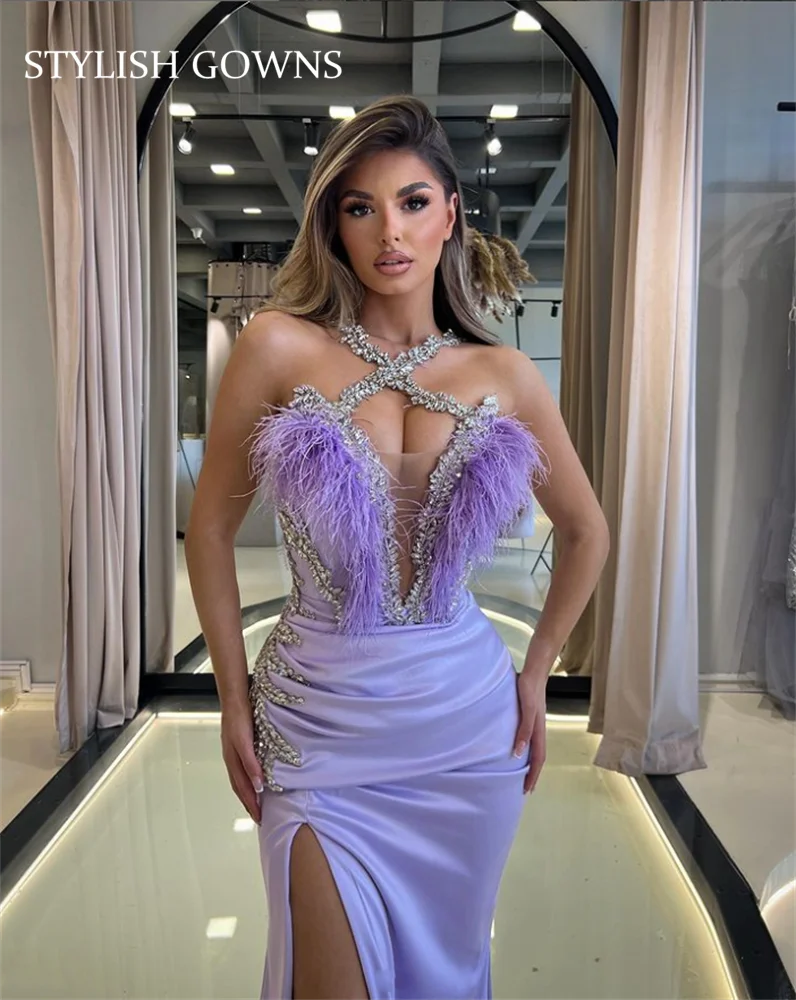 Luxury Dubai Purple Halter Evening Dresses For Black Girls Beaded Crystal Feathers Birthday Party Gowns High Slit Customized