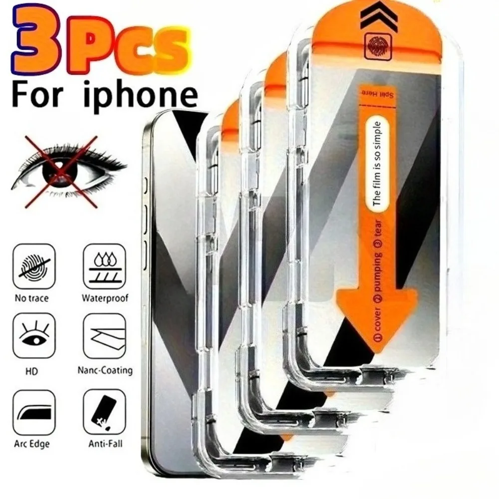 

3 шт. антишпионское закаленное стекло для iPhone 17 16 15 Pro Max 17 Air 14 13 12 Pro 15 14 Plus XR XS One Click Dust Free Install Glass