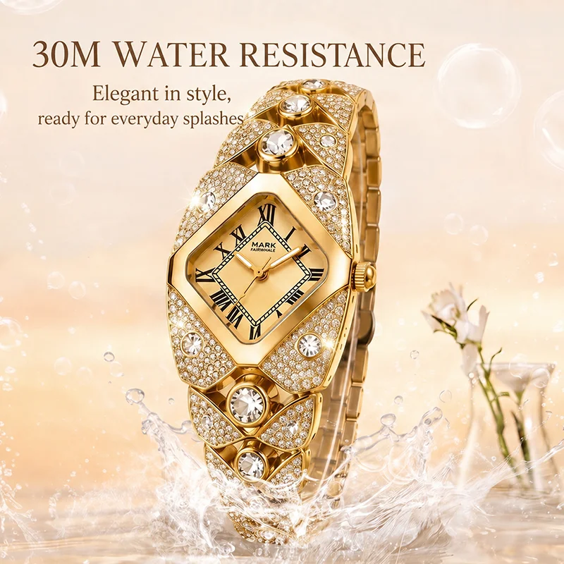 MARK FAIRWHALE FW-3005 Luxury Jewelry Style Women Quartz Watch Crystal Setting Case Metal Band Female Wrist Watch