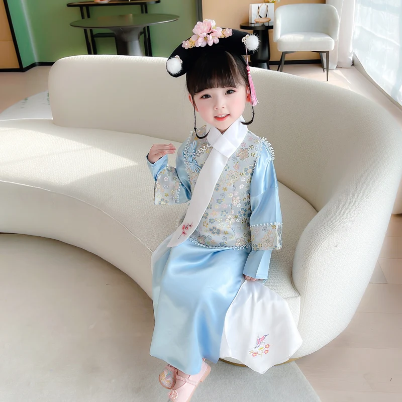 Original Kids Chinese Qing Dynasty Princess Dress Baby Traditional Hanfu Folk Dance Costume Girl Stage Performance Outfit