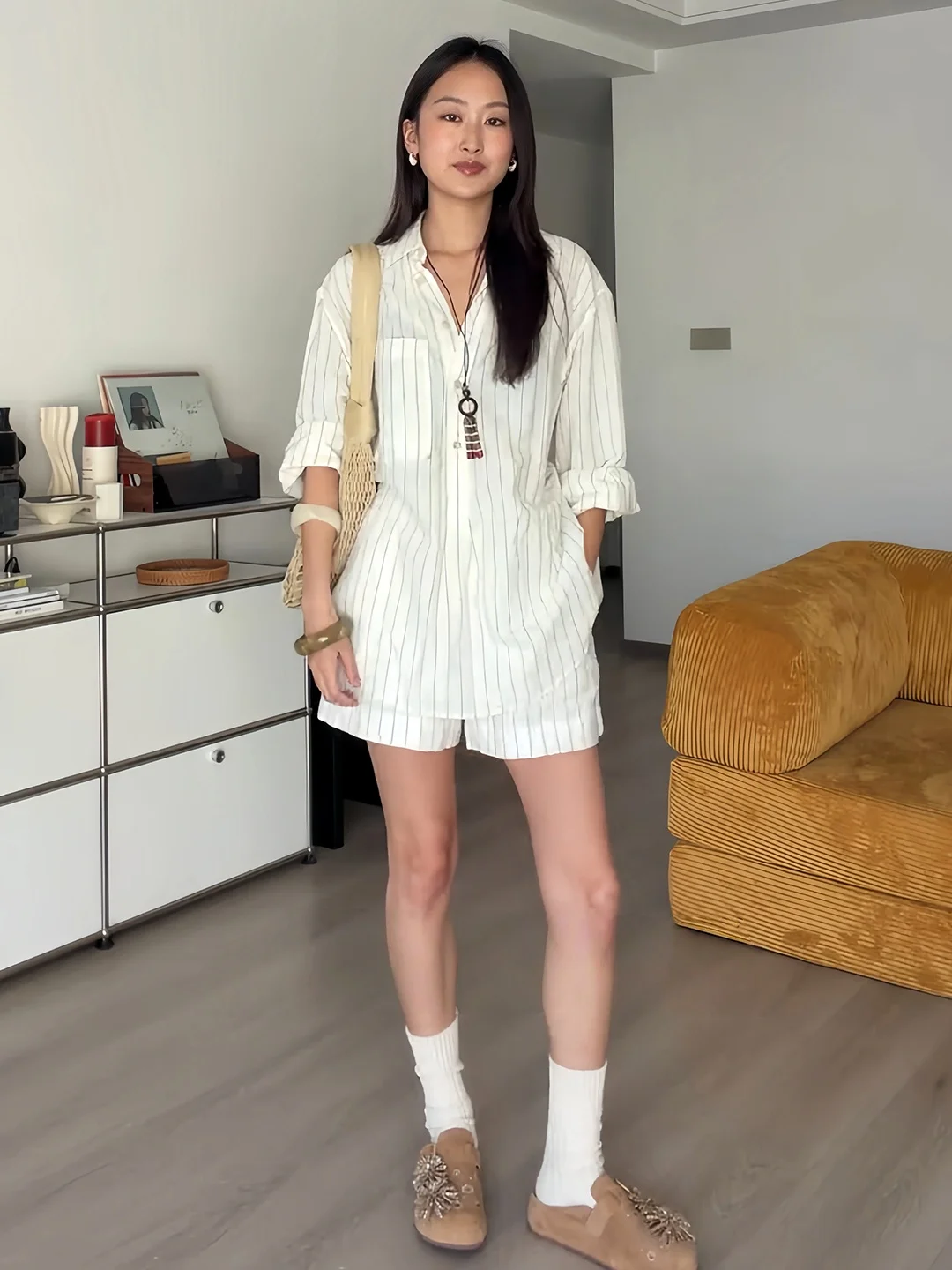 Casual Stripe Linen Cotton Shirt Set Women's Summer New Style Versatile Short Pants Two-Piece Set Loose Fit Button up Shirt