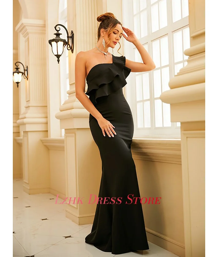 Vestido de noche con volantes escalonados y un hombro, Jersey Sexy personalizado, sirena, temperamento, sin mangas, largo hasta el suelo, vestidos de fiesta
