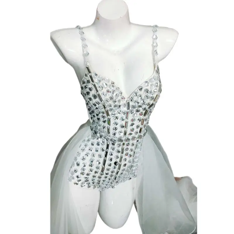 

Hand Sewing White Rhinestones Bodysuit Trail Dance Outfit Bar Nightclub Stage Wear Singer Dancer Sexy DJ Performance Costume